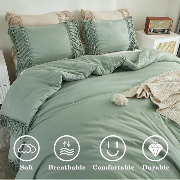 King size 3 piece sage green comforter set boho bohemian Queen - Picture 3 of 7